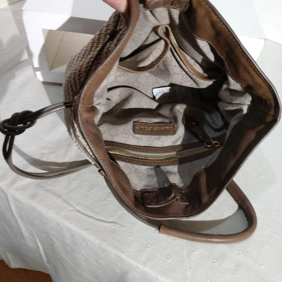 Weaved brown/off white boho bucket Nanette Lepore handbag - Picture 7 of 9